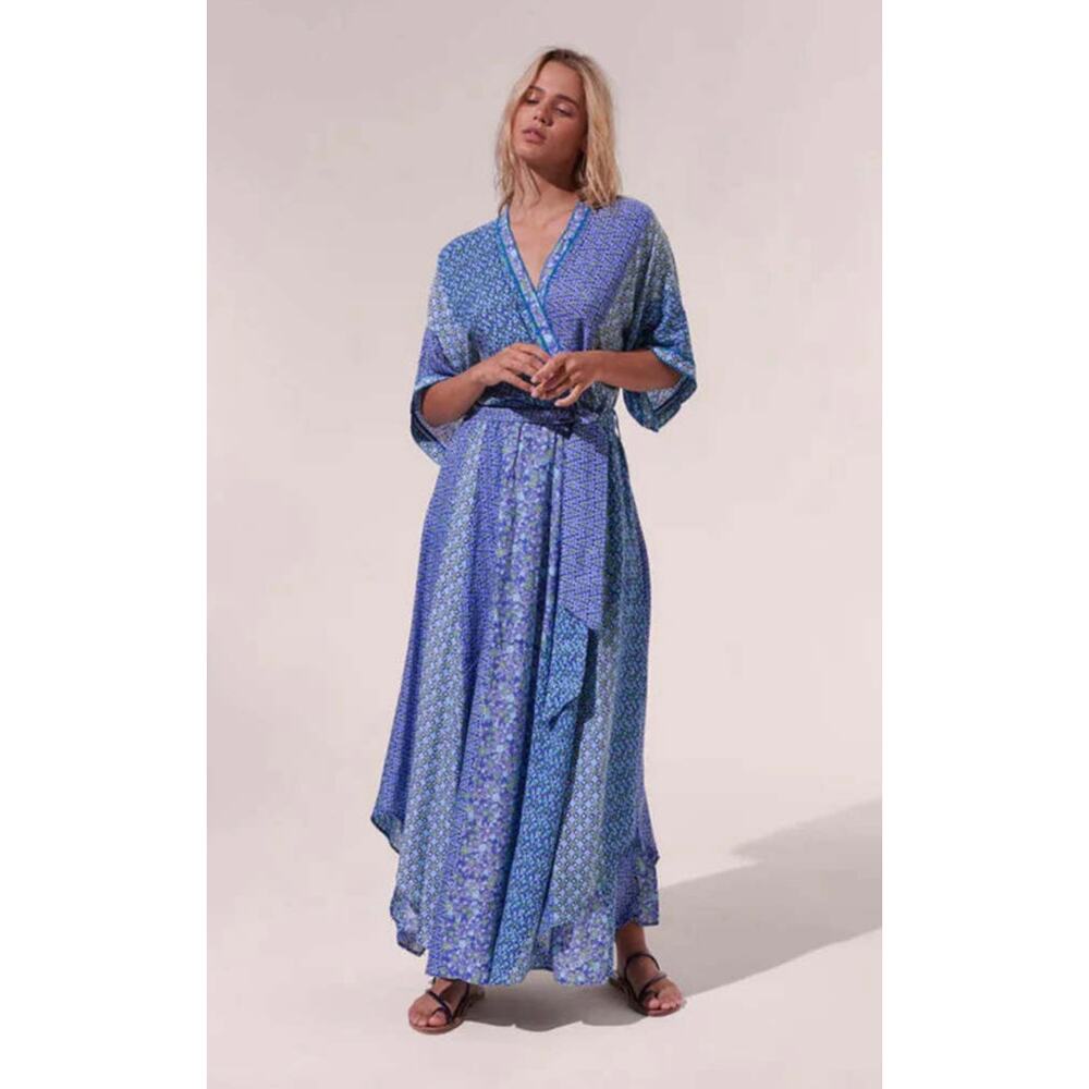 Poupette St Barth Adha Maxi Dress Tie Waist Blue Green Batik Stripe Tuckernuck M